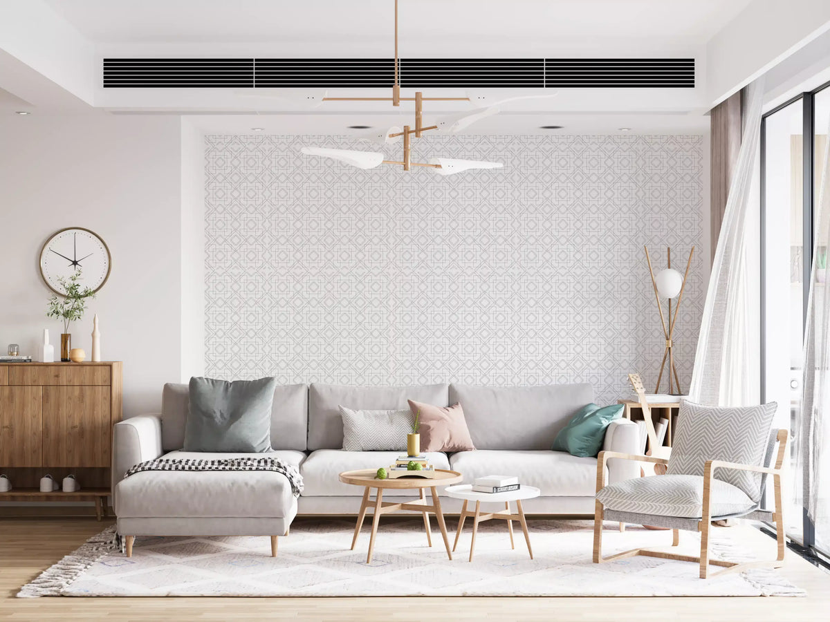 Subtle lattice wallpaper giving a living room a calm, tonal backdrop GD12249
