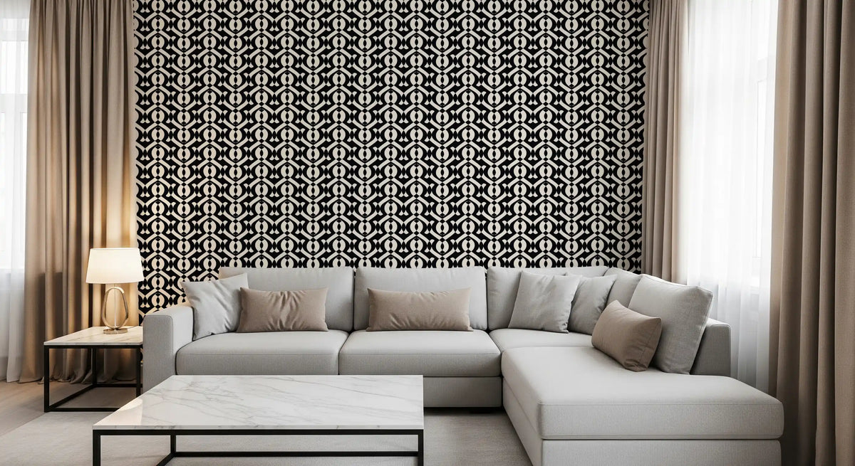 Monochrome curves wallpaper behind a grey sectional sofa and marble coffee table GD12257