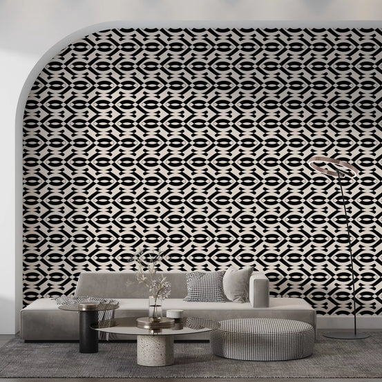 Minimalist linear wallpaper behind a curved beige sofa in an arched living niche GD12258
