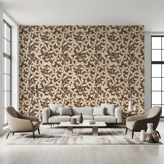 Rustic botanical wallpaper behind a cream sofa and taupe armchair in a bright lounge GD12259
