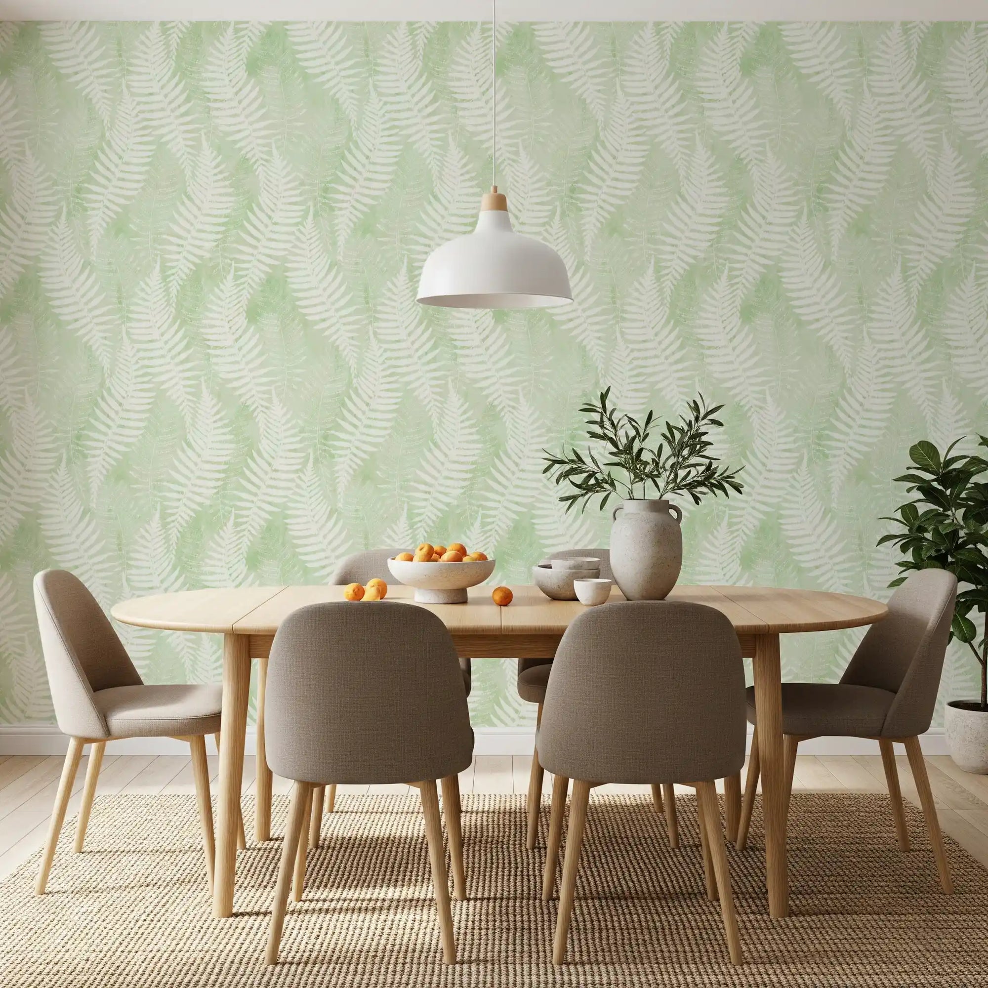Sage fern wallpaper in a dining room with a wood oval table and taupe chairs GD12261