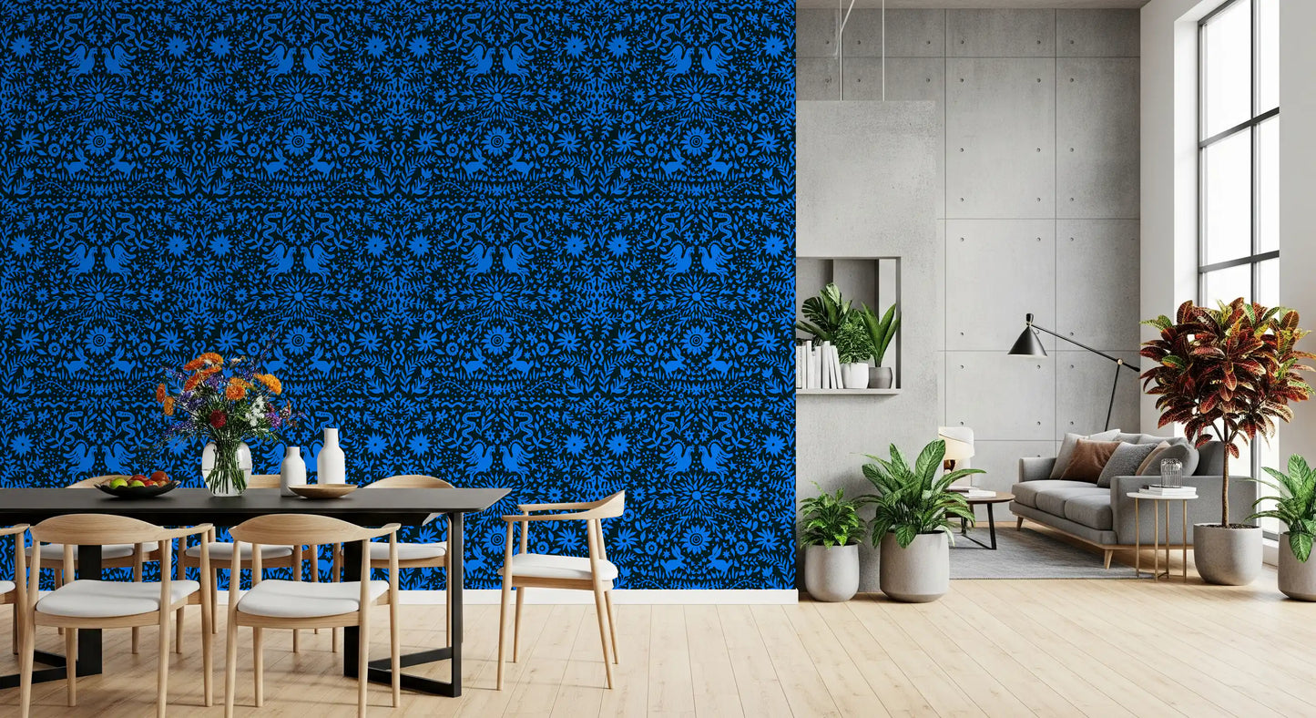 Cobalt Folklore Folk Art Pattern Wallpaper⁠