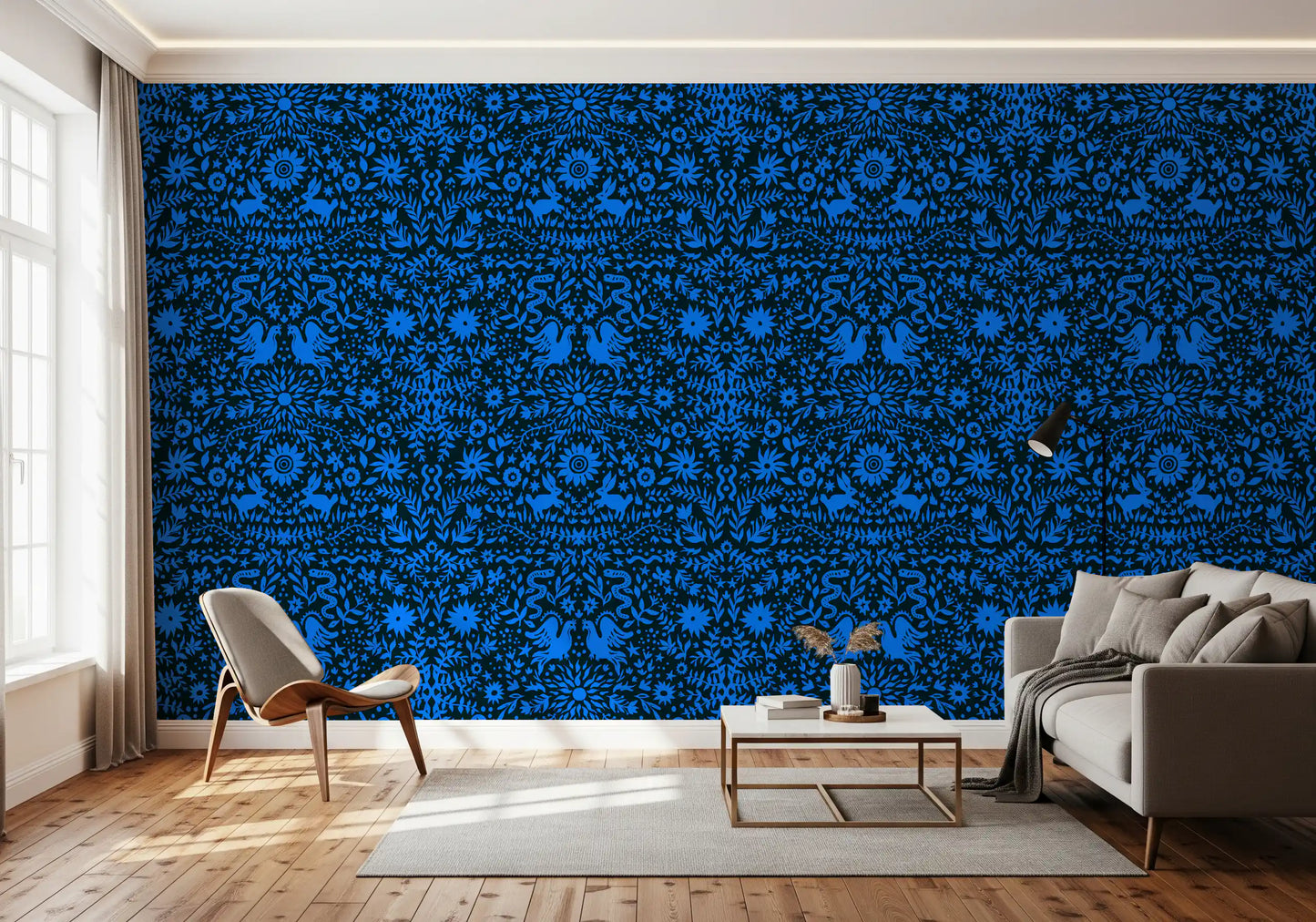 Cobalt Folklore Folk Art Pattern Wallpaper⁠