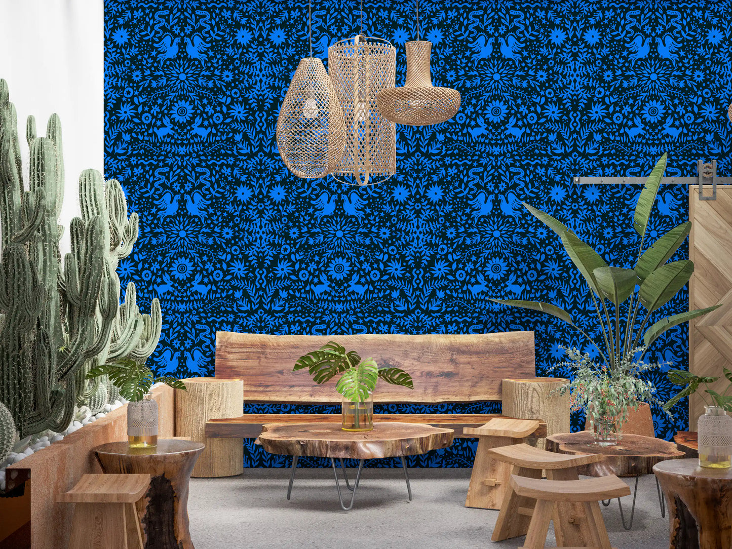 Cobalt Folklore Folk Art Pattern Wallpaper⁠