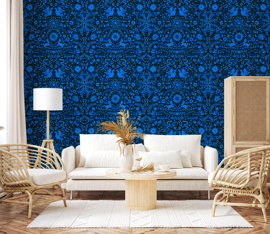 Cobalt Folklore Folk Art Pattern Wallpaper⁠