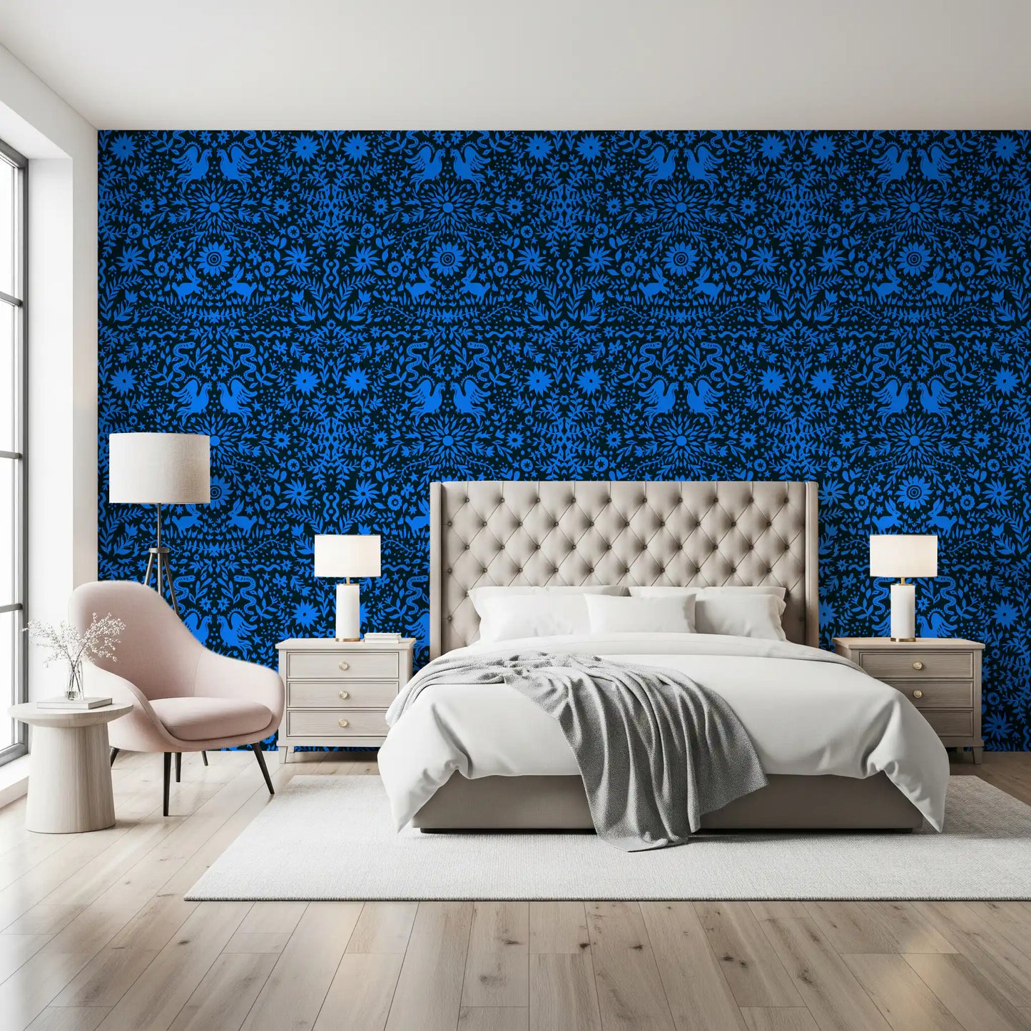 Cobalt Folklore Folk Art Pattern Wallpaper⁠