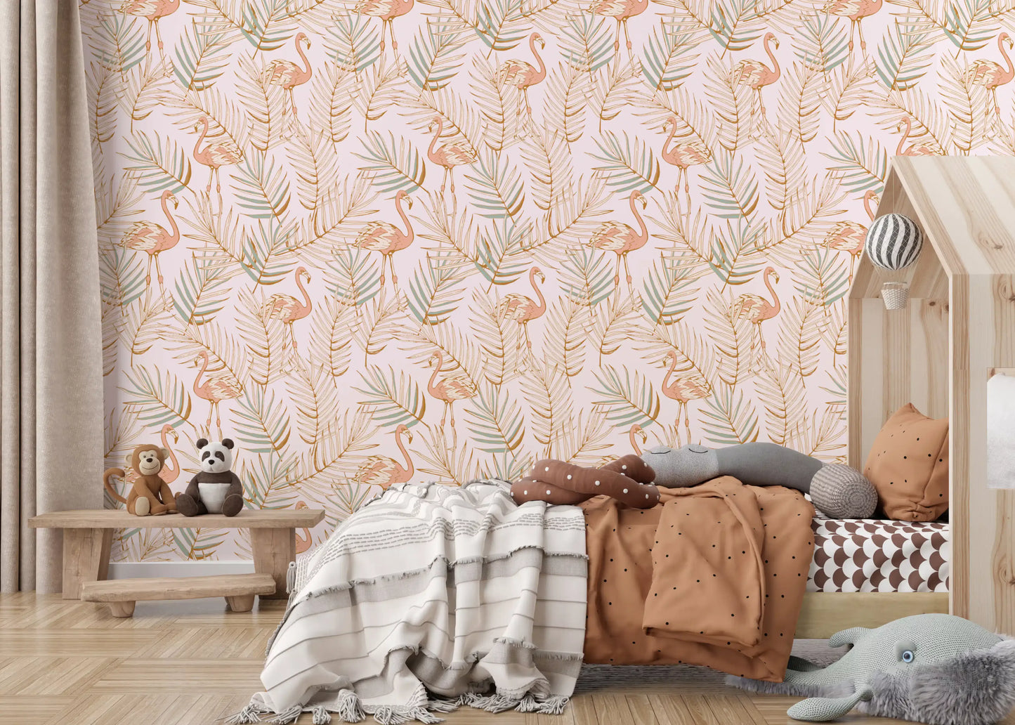 Pink Flamingo Tropical Palm Retreat Wallpaper⁠