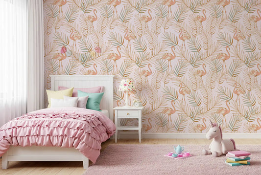 Flamingo and palm wallpaper in a girls bedroom with pink ruffled bedding and a unicorn toy GD12277