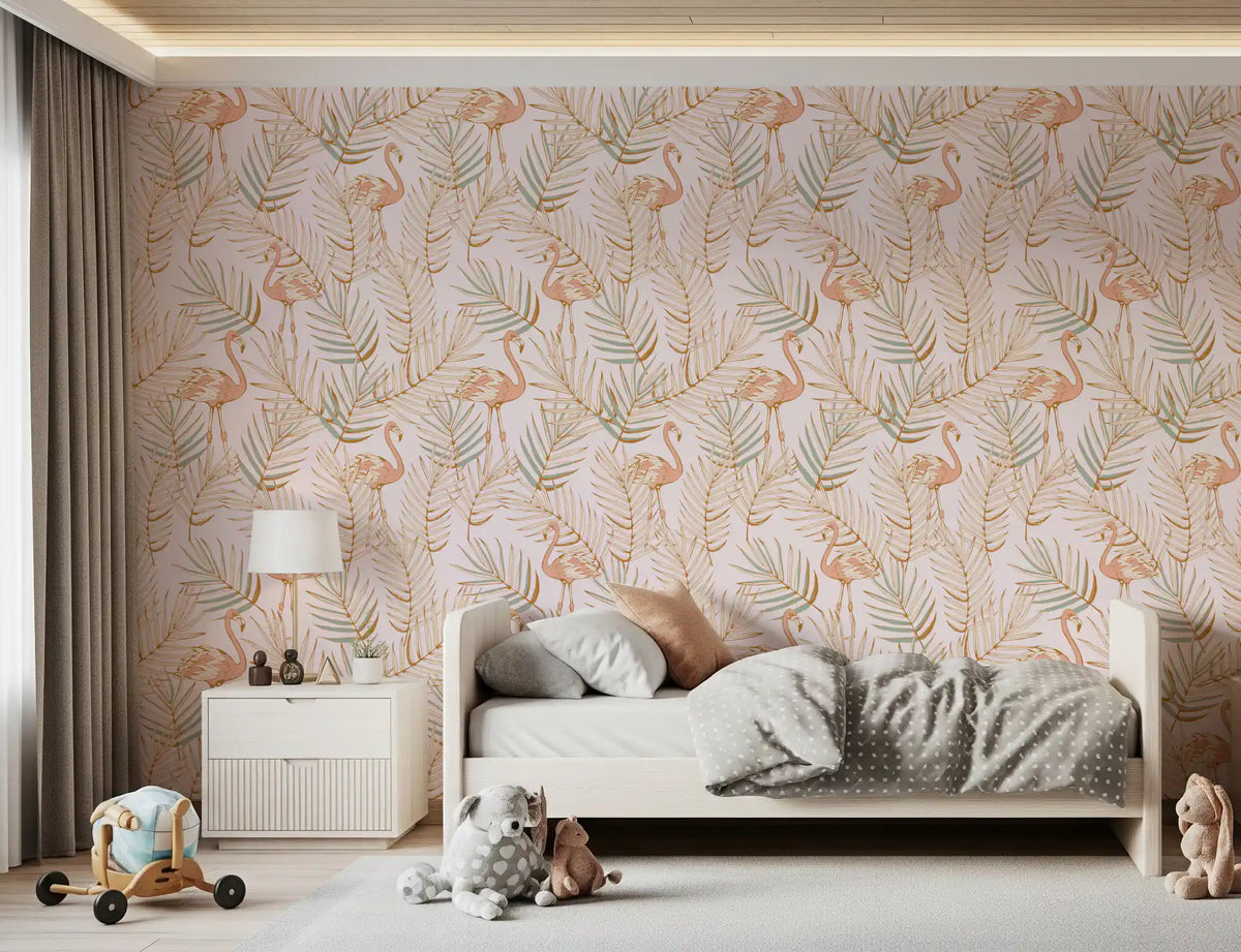 Pink flamingo wallpaper in a kids room with a white bed and a wooden toy wagon GD12277
