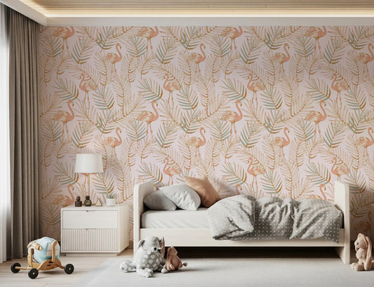 Pink flamingo wallpaper in a kids room with a white bed and a wooden toy wagon GD12277