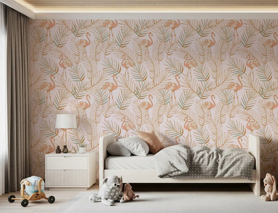 Pink flamingo wallpaper in a kids room with a white bed and a wooden toy wagon GD12277