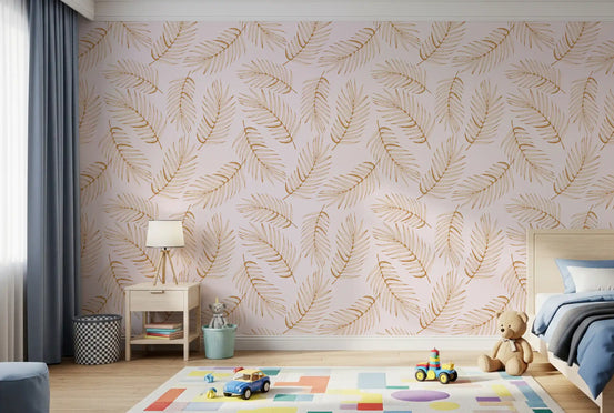 Golden palm leaf wallpaper in a kids bedroom with a blue bed and colourful toy cars GD12278