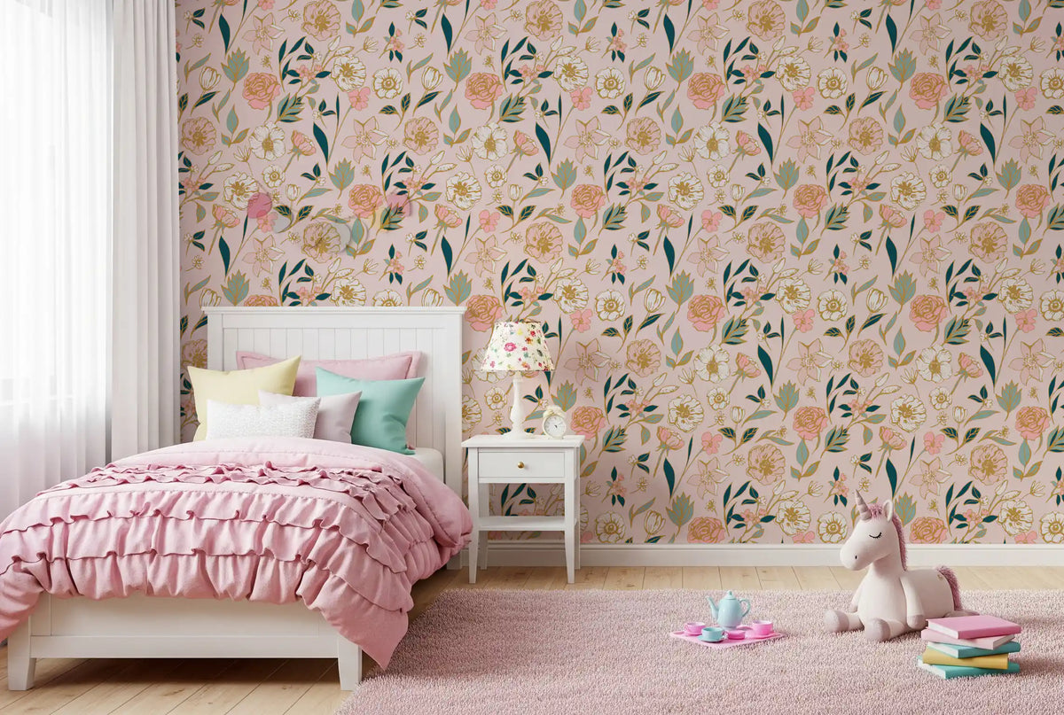 Blush floral wallpaper in a girls bedroom with pink ruffled bedding and a unicorn toy GD12279