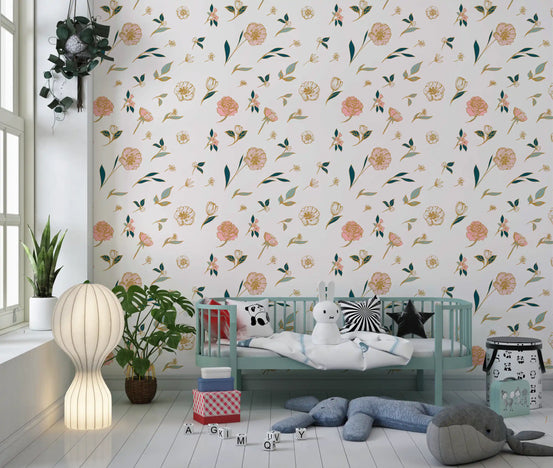 Blush floral wallpaper in a nursery with a mint cot and plush panda toy GD12280