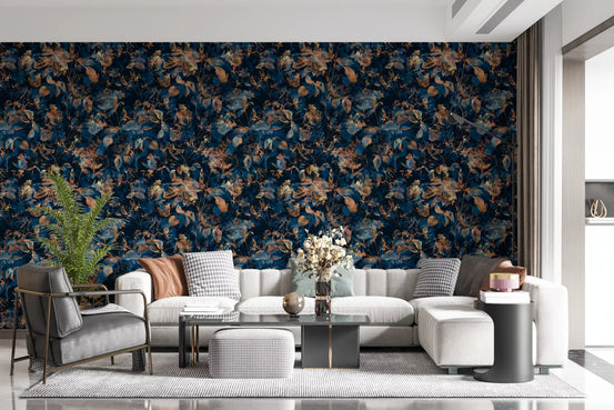 Dark floral wallpaper in a living room with a cream sofa and grey armchairs GD12283
