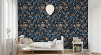 Navy botanical wallpaper by a bed with a rattan hanging chair and book cart GD12284