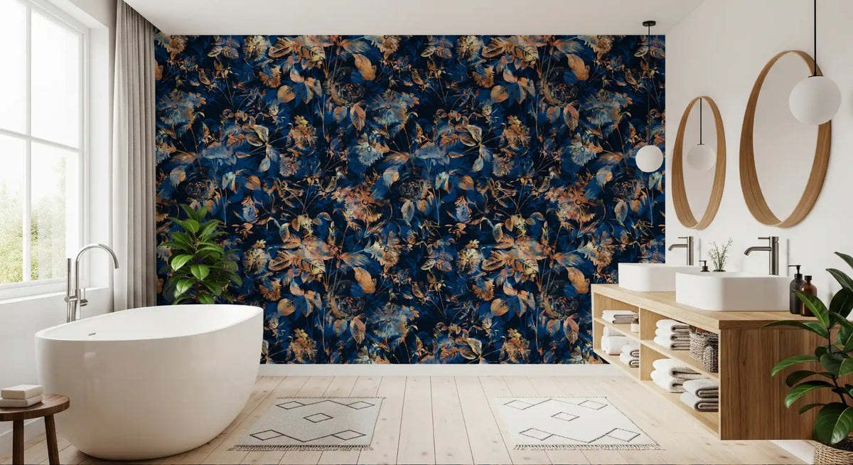 Navy botanical wallpaper in a bathroom with a freestanding tub and wooden vanity GD12284