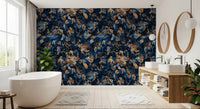 Navy botanical wallpaper in a bathroom with a freestanding tub and wooden vanity GD12284