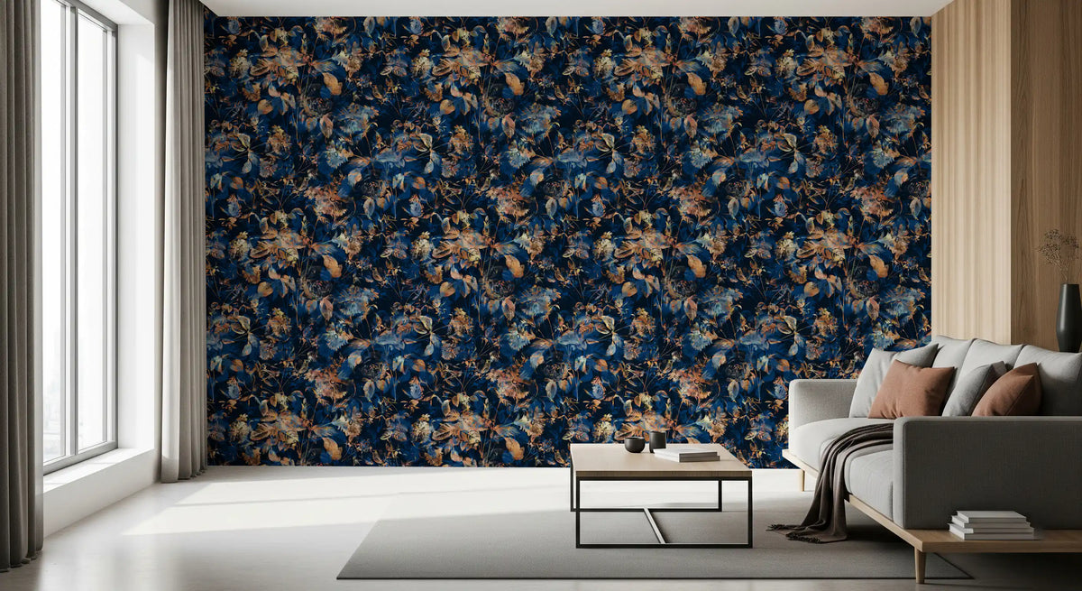 Dark botanical wallpaper in a living room with a grey sofa and low coffee table GD12284
