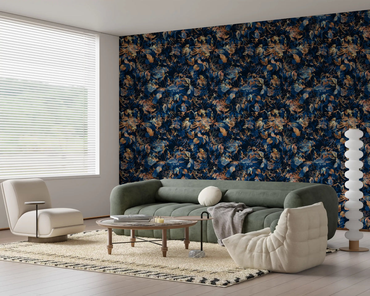 Navy botanical wallpaper in a lounge with a green sofa and cream seating GD12284
