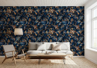 Navy botanical wallpaper in a living room with a white sofa and wooden chair GD12284