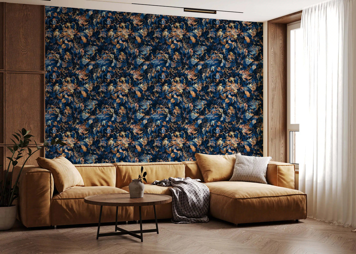Navy botanical wallpaper in a living room with a mustard sofa and wood panel GD12284