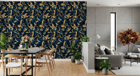 Midnight flora brushwork wallpaper in a dining area with a concrete wall and grey sofa GD12288