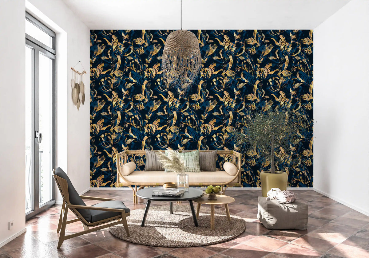 Midnight flora brushwork wallpaper in a sunny lounge with a black chair and cream bench GD12288