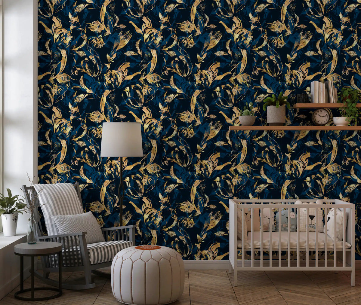 Midnight flora wallpaper in a nursery with a crib, white armchair and floor lamp GD12288
