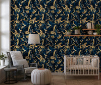 Midnight flora wallpaper in a nursery with a crib, white armchair and floor lamp GD12288