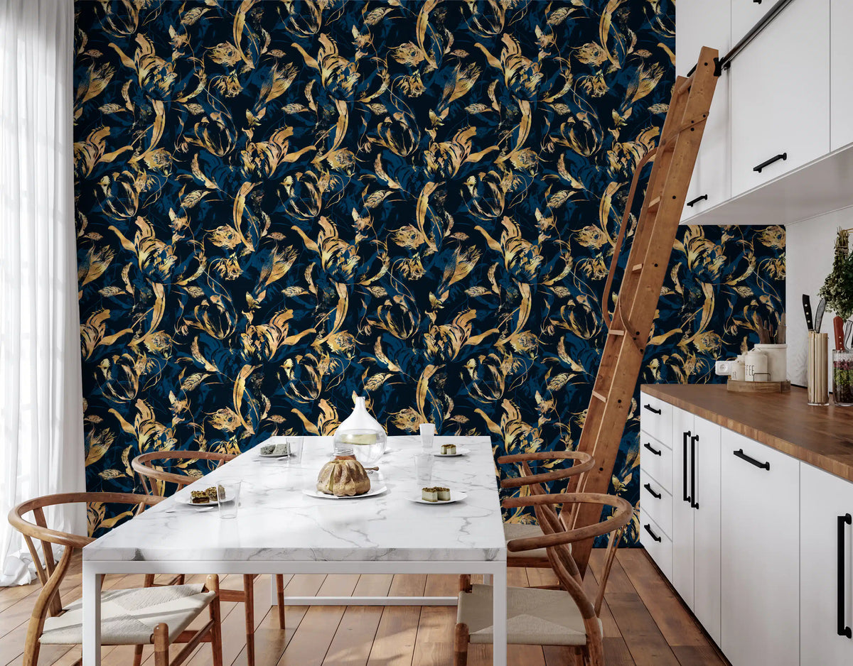 Navy gold flora wallpaper in a kitchen diner with a marble table and library ladder GD12288