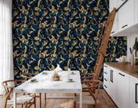 Navy gold flora wallpaper in a kitchen diner with a marble table and library ladder GD12288