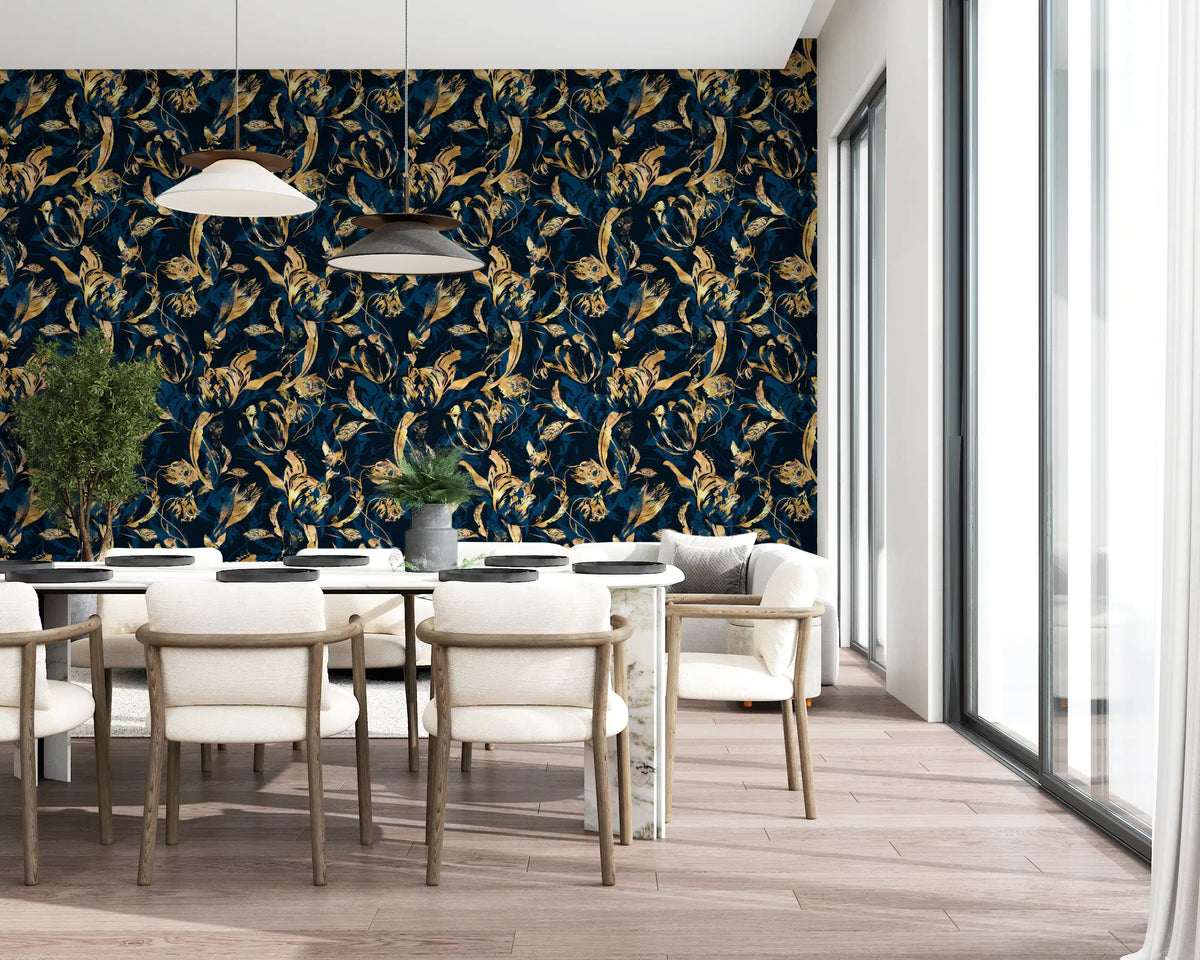Midnight flora wallpaper in a bright dining room with cream chairs and pendant lights GD12288