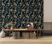 Navy and gold flora wallpaper above a wood console with baskets near a fireplace GD12288