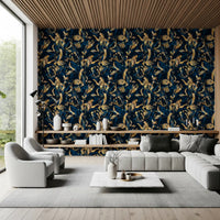 Midnight flora wallpaper behind a grey sectional and cream swivel chair in a modern living room GD12288
