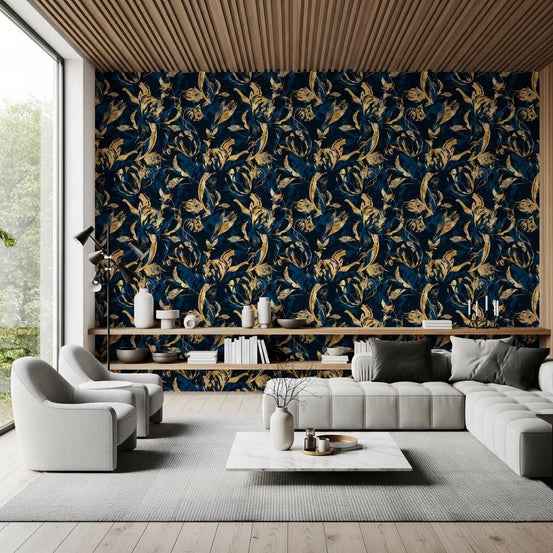 Midnight flora wallpaper behind a grey sectional and cream swivel chair in a modern living room GD12288