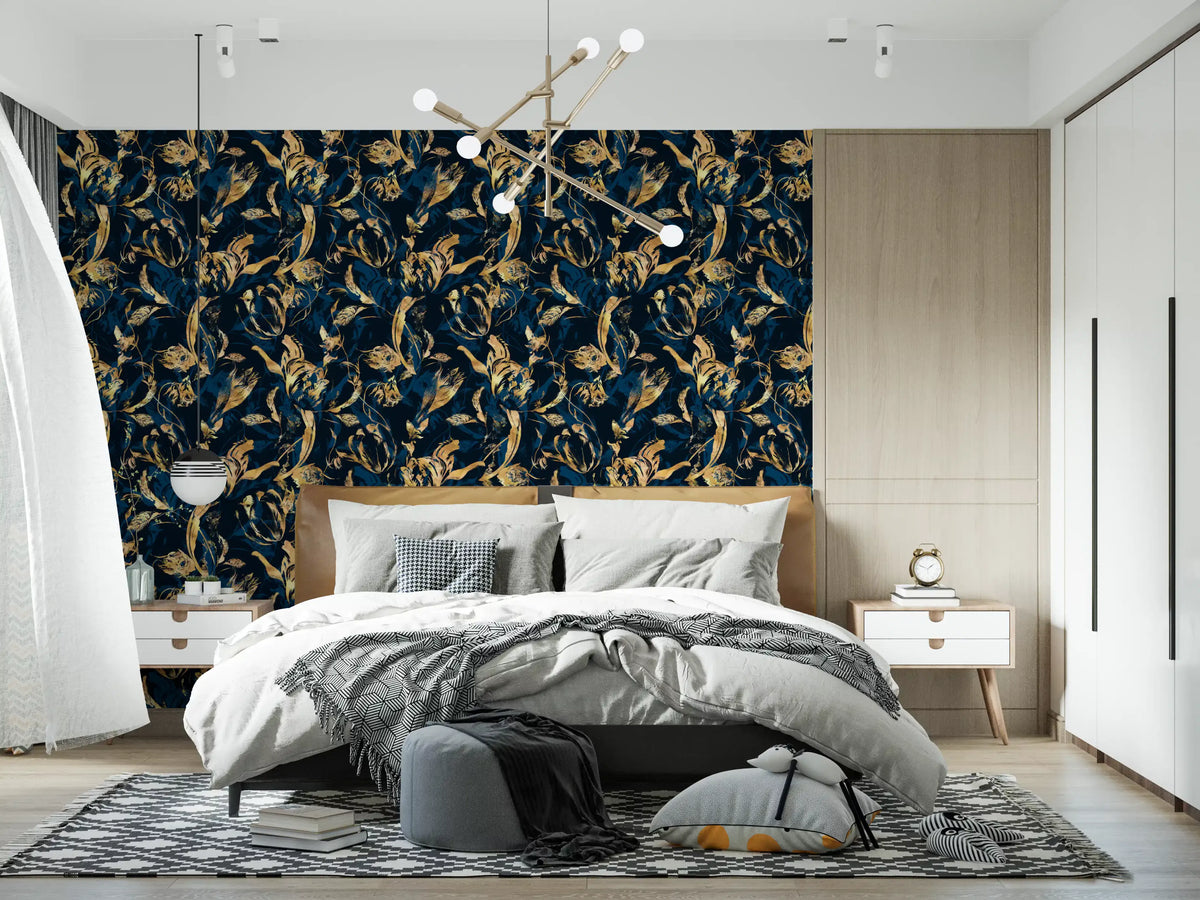 Navy and gold flora wallpaper above a grey bed with a sputnik chandelier in a bedroom GD12288