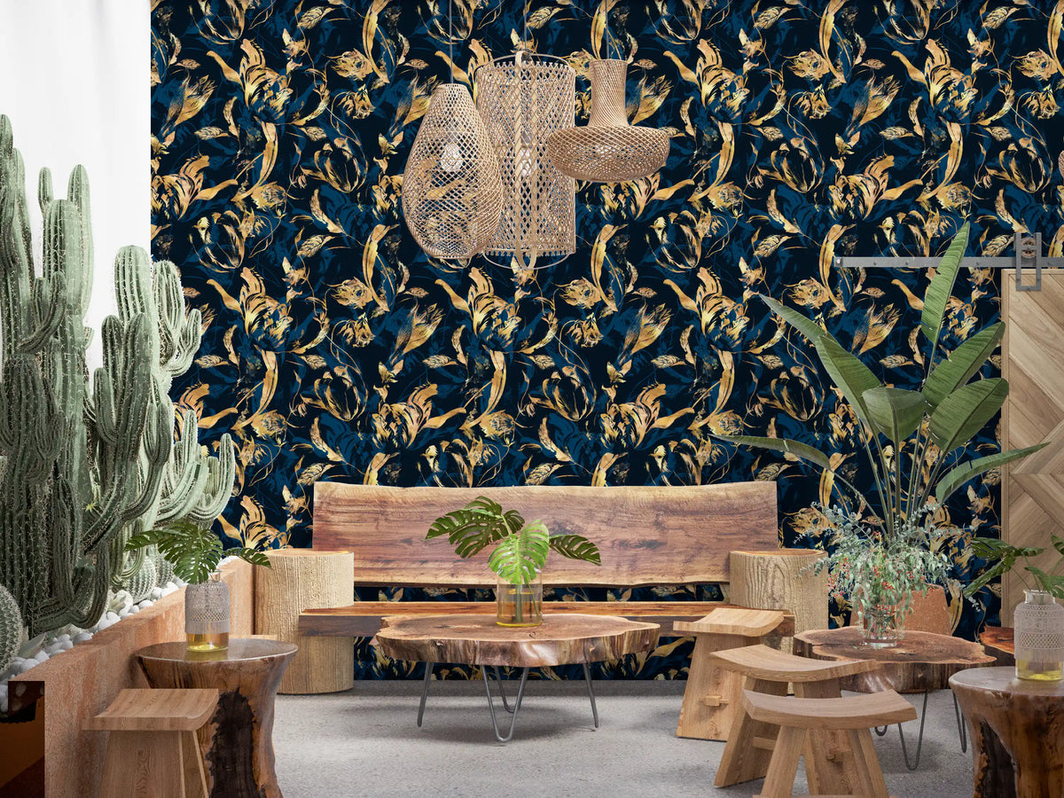 Midnight flora brushwork wallpaper behind a live-edge wood table and cacti in a boho dining space GD12288