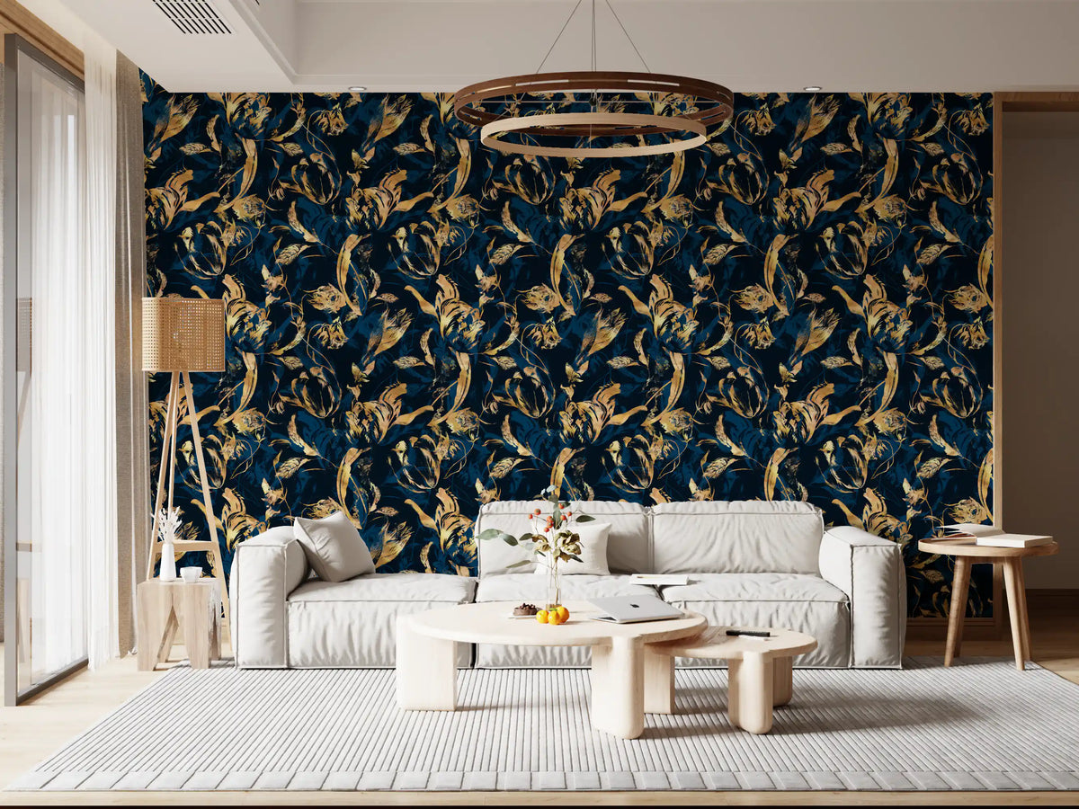 Midnight flora wallpaper behind a cream sofa and nesting tables under a round pendant GD12288