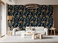 Midnight flora wallpaper behind a cream sofa and nesting tables under a round pendant GD12288
