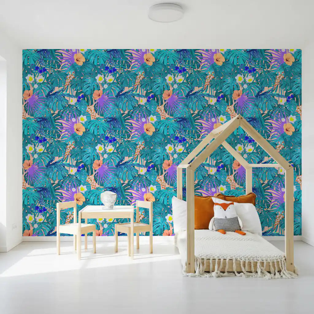 Tropical jungle wallpaper in a kids room with a house-frame bed and white play table GD12289