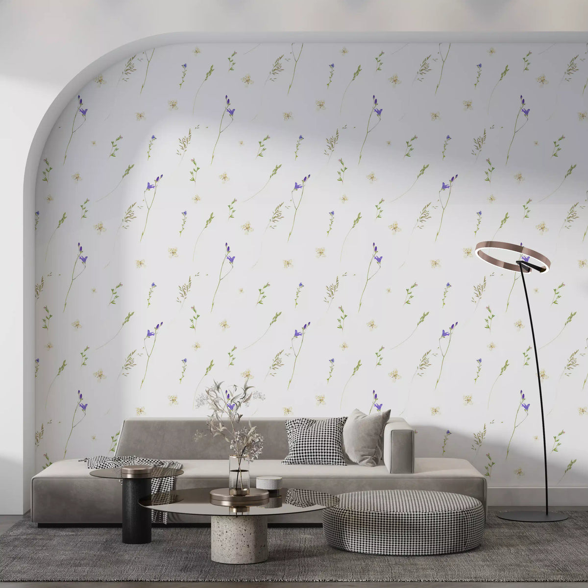 Pressed grasses wallpaper behind a grey sofa in an arched living room alcove GD12291