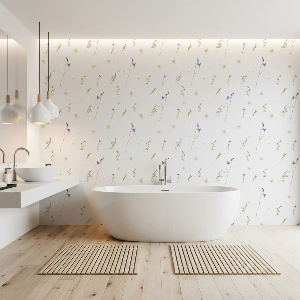 Pressed grasses wallpaper in a bathroom with a freestanding tub and pendant lights GD12291