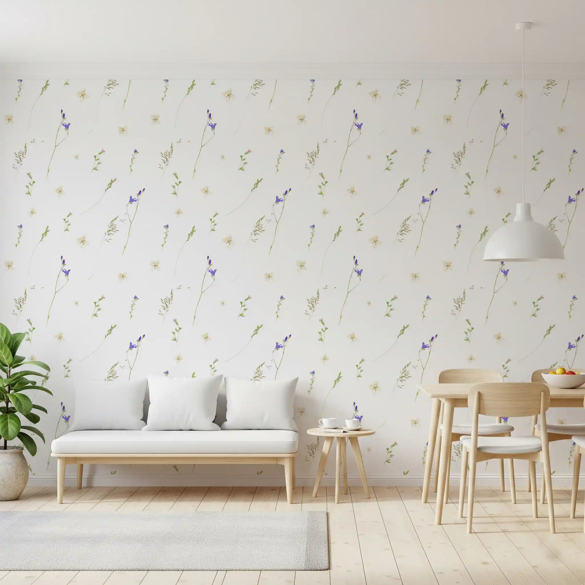 Pressed grasses wallpaper behind a white loveseat and wood dining table in a living room GD12291