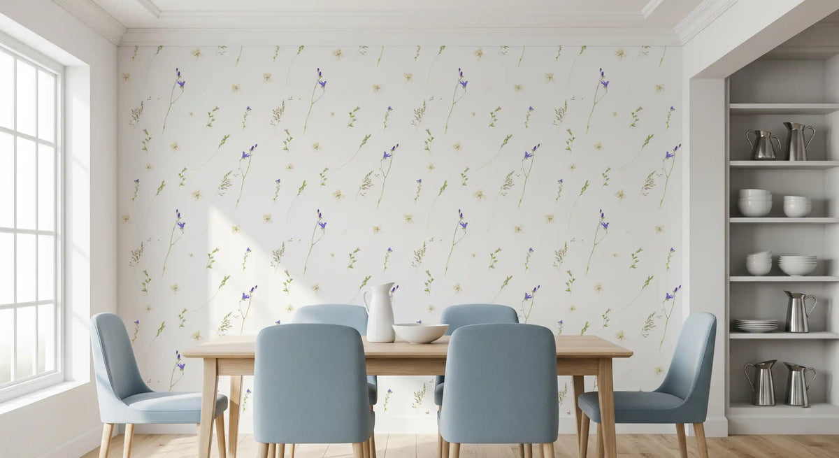 Pressed grasses wallpaper in a dining room with blue chairs and built-in shelving GD12291