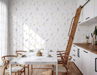 Botanical grasses wallpaper in a kitchen diner with a marble table and library ladder GD12291
