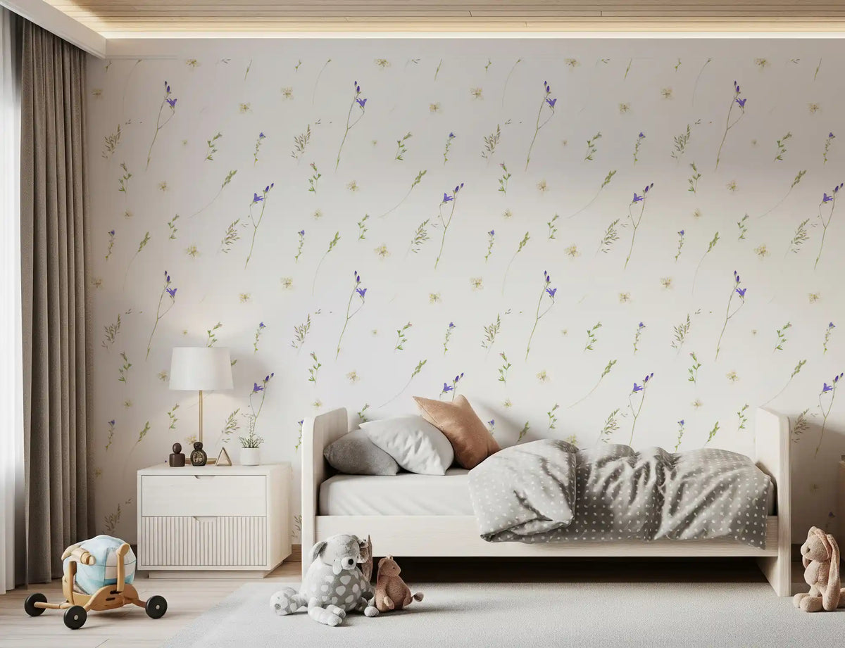 Pressed grasses wallpaper in a kids room with a single bed and white nightstand GD12291