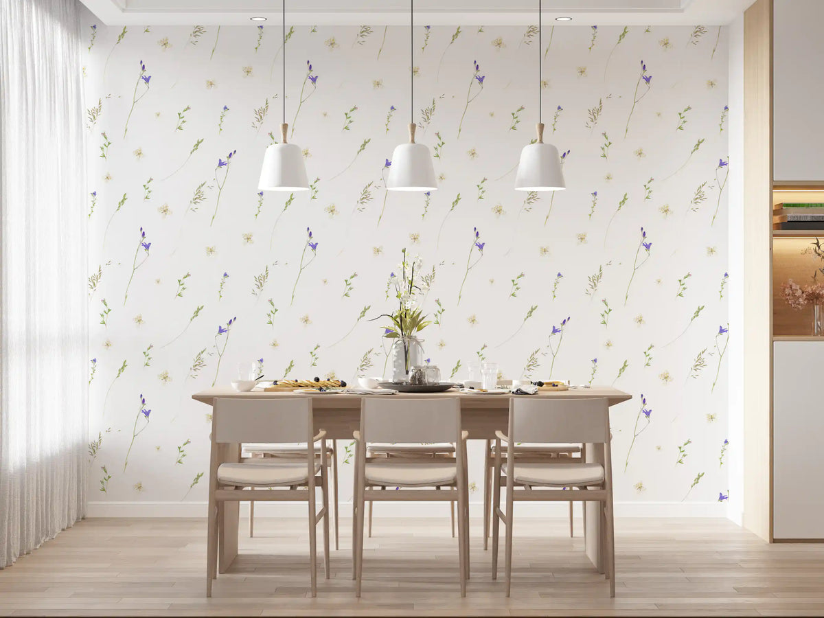 Botanical grasses wallpaper in a dining room with a taupe table and pendant lights GD12291