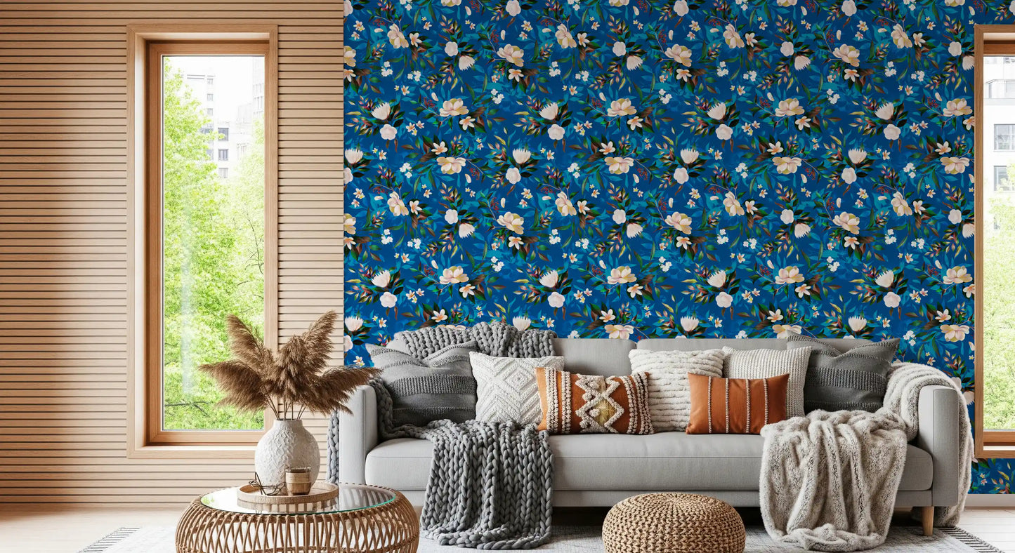 Deep Indigo Botanical Bloom Wallpaper⁠
