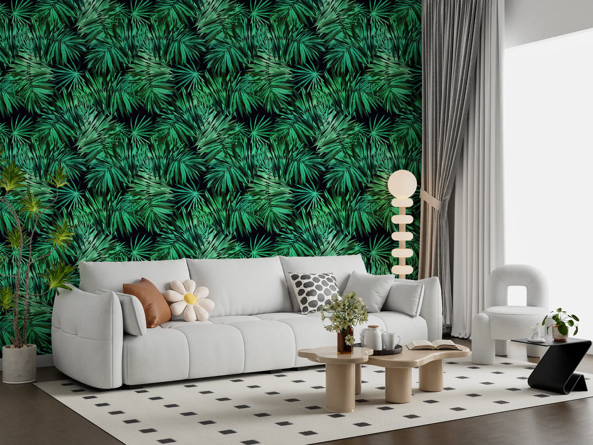 Green tropical palm canopy wallpaper behind a white sofa on a checkerboard tile rug GD12296